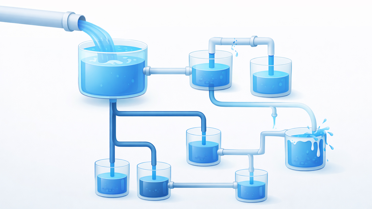Water flow metaphor illustration showing link equity flowing from a backlink source through pipes into a homepage reservoir and distributing to internal pages through branching connections
